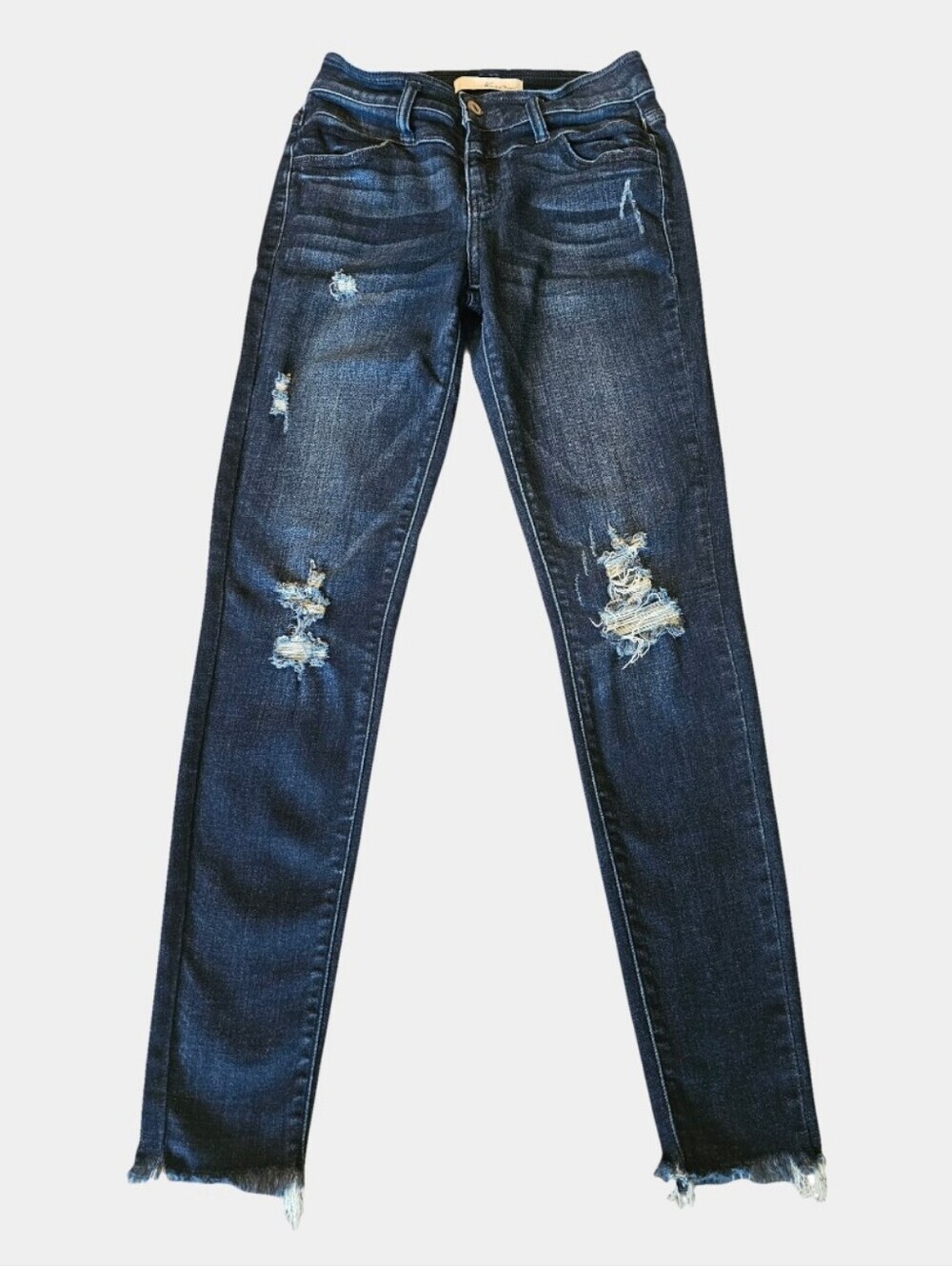 KanCan Dark Wash Mid-Rise Raw Hem Distressed Skinny Jeans Size 27